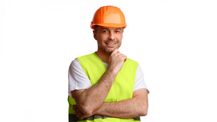 Poster - Construction Worker's Portrait. Builder Worker Man In Orange Uniform And Hardhat Posing Smiling To Camera Standing Over White Background. Professional Builder Profession. Studio Shot, Panorama