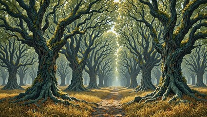 Wall Mural - enchanted forest with spiral marble trees golden leaf carpet and dappled light