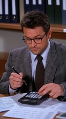 Poster - Hands are actively using a calculator and pen to analyze financial data on graph paper in a professional office environment