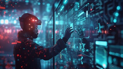 Poster - astronaut wearing a futuristic helmet interacts with a digital interface, touching a transparent scr