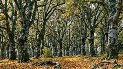 Wall Mural - enchanted forest with spiral marble trees golden leaf carpet and dappled light