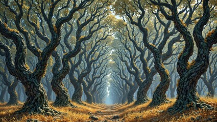 Wall Mural - enchanted forest with spiral marble trees golden leaf carpet and dappled light