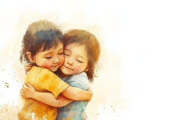 Watercolor painting depicts two young children embracing each other, their eyes closed and faces pressed together in a tender moment of affection