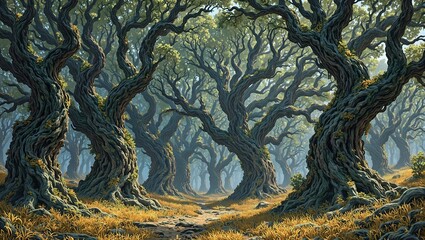 Wall Mural - enchanted forest with spiral marble trees golden leaf carpet and dappled light