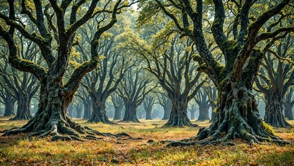 Wall Mural - enchanted forest with spiral marble trees golden leaf carpet and dappled light
