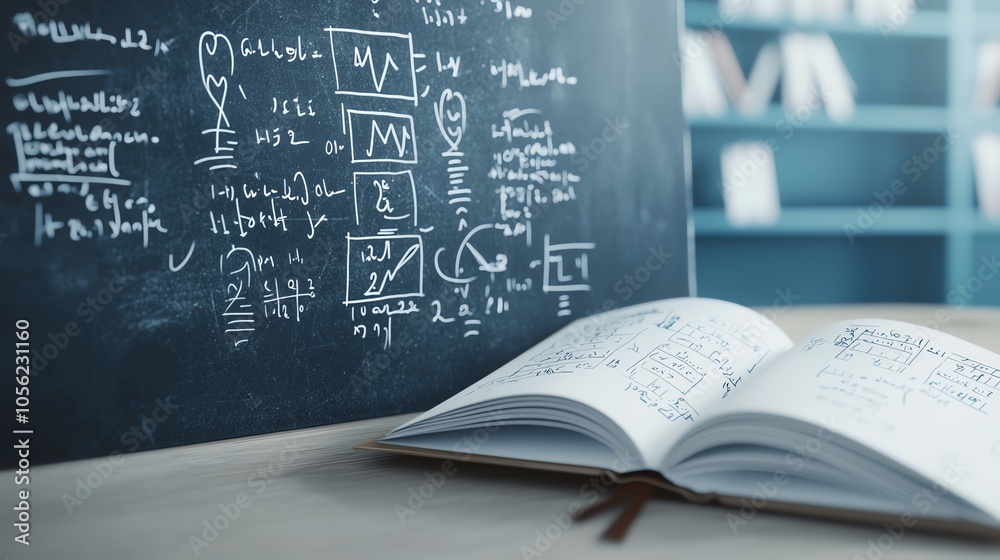 An open book with mathematical equations on a desk beside a chalkboard ...