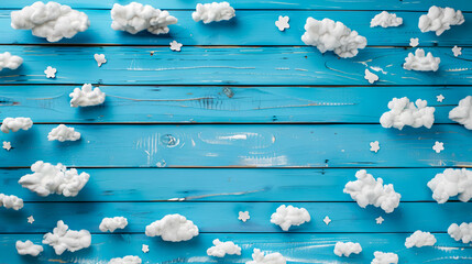 Wall Mural - cute children or baby background, white clouds on the blue wooden background