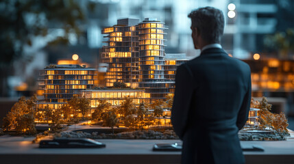 Architect analyzing illuminated architectural model of modern city buildings, urban development project, city planning, futuristic skyscrapers, design concept, glowing cityscape, real estate project