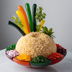 Elegant glass sculpture of Bhel Puri with vibrant colors and textures, set against a light gray background to emphasize its artistic craftsmanship, generative ai