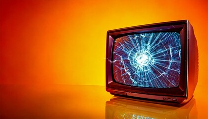 broken old tv on orange background