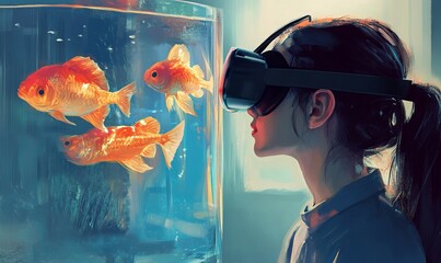 A woman wearing a VR headset is looking at a fish tank