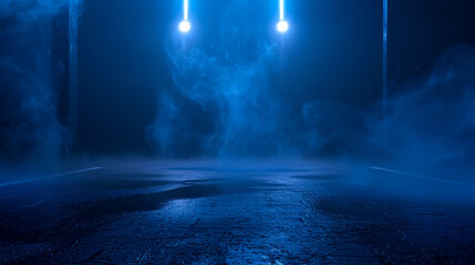 Poster - Dark street, asphalt abstract dark blue background, empty dark scene, neon light, spotlights The concrete floor and studio room with smoke float up the interior texture for display products