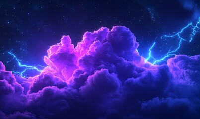 A vibrant purple cloud surrounded by electric blue lightning in a cosmic setting, perfect for digital art and fantasy themes