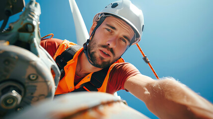 Male Worker in Safety Gear Inspecting Wind Turbine. Concept of Green Energy, Safety at Work, Renewable Technology, Environmental Sustainability