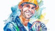 © Jafree - Smiling Electrician in Hard Hat Holding Cables. Concept of Skilled Trades, Construction Work, Safety Gear, Positive Attitude. Watercolor Art