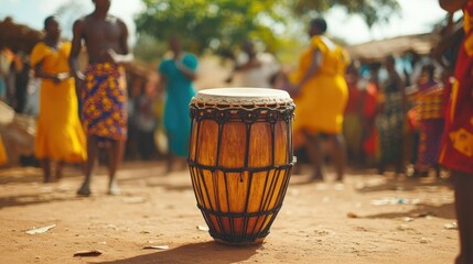 A close-up of a drum in the foreground with a blurred background of people dancing in a traditional African village setting.