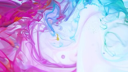 Poster - Colorful ink mixes together, creating abstract shapes in water. Pink, blue, and yellow hues swirl and blend, forming dynamic patterns and vibrant textures