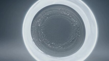 Poster - White glowing ring expands, forming a sphere with an uneven surface against a gray background. The animation showcases a dynamic interplay of light and energy, creating a modern visual effect