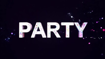 Poster - Dj plays music while colorful confetti explodes around the word party in bold white letters against a striking black background, creating a vibrant and festive atmosphere