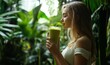 © Valentyna - Teen girl enjoys chilled matcha drink in lush setting