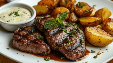 Juicy lamb steak garnished with fresh mint, plated with roasted potatoes