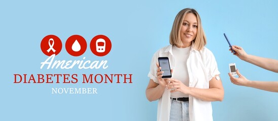 Wall Mural - Woman with phone and sensor for measuring blood sugar level on blue background. Banner for American Diabetes Month