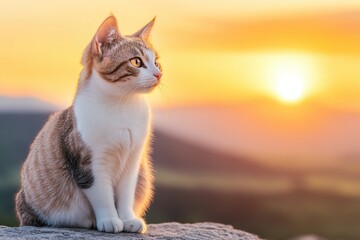 Poster - Cat gazing at a vibrant sunset on a rocky ledge, AI