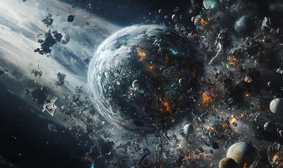 Wall Mural - a highly detailed image of a gas giant planet surrounded by various cosmic elements such as moons, s
