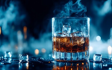 A glass of whiskey sits atop a reflective surface, surrounded by smoke and ice, creating a moody and atmospheric scene.