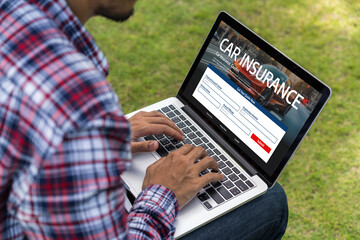 Poster - car insurance online website on computer screen for insure your car damage snugly