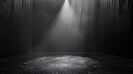 Poster - Empty black background and spotlight in center with studio for showing or design. Dark backdrop made from cement material. Realistic 3D render
