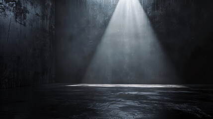 Poster - Empty black background and spotlight in center with studio for showing or design. Dark backdrop made from cement material. Realistic 3D render
