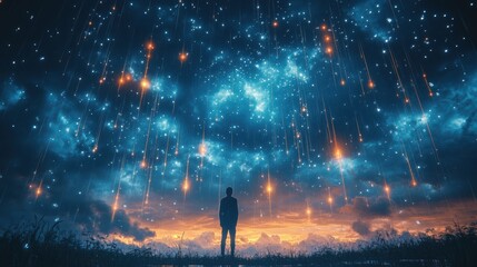 Silhouette of man standing under bright starry sky with streaks of light, night sky, glowing lights, surreal scene, stargazing, cosmic wonder, futuristic landscape, awe-inspiring moment, digital art