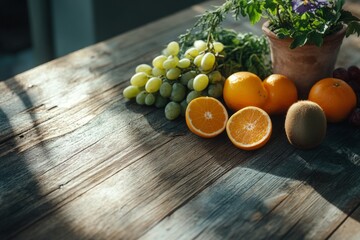 Wall Mural - A vibrant arrangement of fresh fruits rests on a rustic wooden table. Grapes, oranges, and kiwis create a colorful and healthy display. Ideal for food lovers. Generative AI