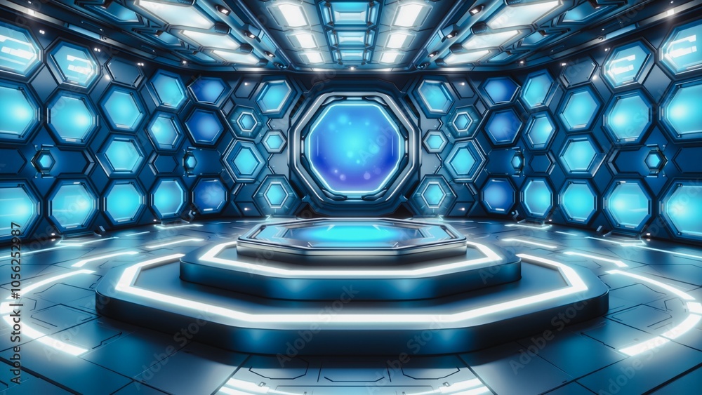 Futuristic Octagonal Stage with Blue Lighting , A high-tech stage ...