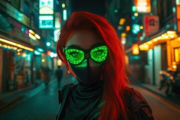 Poster - Cyberpunk woman with red hair wearing a black mask and neon green glasses, in the streets at night, with neon lights and a cyberpunk city background.