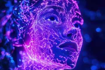 Poster - A woman's face made of glowing purple and blue neural networks with bright lights in the background, creating an otherworldly atmosphere. The intricate patterns add to its futuristic appearance.