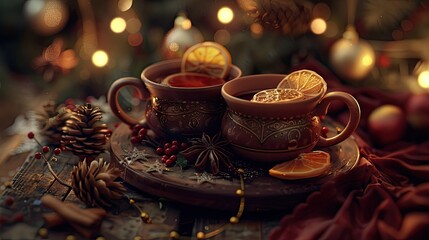 two mugs filled with mulled wine on wooden board