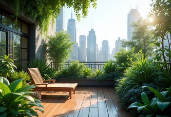 A peaceful urban terrace with lush greenery and city skyline views in the early morning light