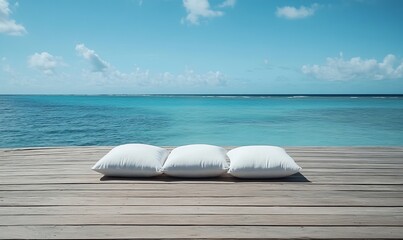 A wooden pier with three white pillows on it, overlooking the ocean