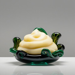 Elegant glass sculpture of Mukhimo featuring creamy mashed potatoes and vibrant greens against a light gray background, generative ai