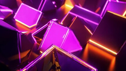 Poster - A collection of glowing purple and orange geometric shapes creating an abstract pattern in a vibrant digital landscape