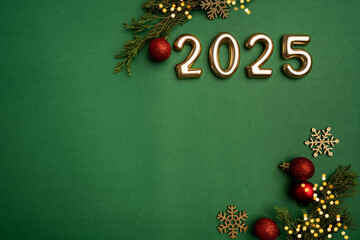 Christmas and Happy New year 2025 with red glitter decorations on green bright background. Holiday party decoration . Christmas celebration, holiday card