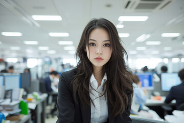 Poster - focused businesswoman in bustling office environment, exuding confidence and professionalism