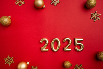 Wall Mural - christmas and happy new year 2025 with gold glitter decorations on green bright background. holiday 