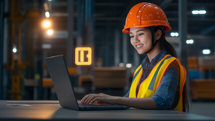 Skilled hispanic woman engineer in safety vest and hard hat working on laptop at modern construction site office
