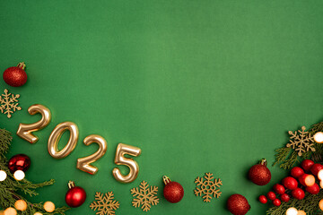 Wall Mural - christmas and happy new year 2025 with red glitter decorations on green bright background. holiday p