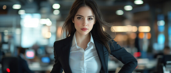 Poster - Confident businesswoman in dynamic office setting, exuding professionalism and focus. modern workspace is bustling with activity, highlighting vibrant corporate environment