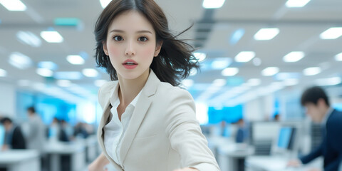 Poster - businesswoman in dynamic pose moves confidently through bustling office, exuding determination and focus. modern workspace is filled with professionals at their desks