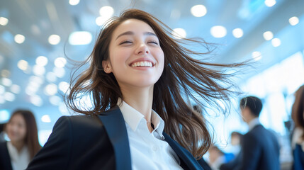 Poster - joyful businesswoman with flowing hair stands confidently in bustling office environment, exuding energy and positivity